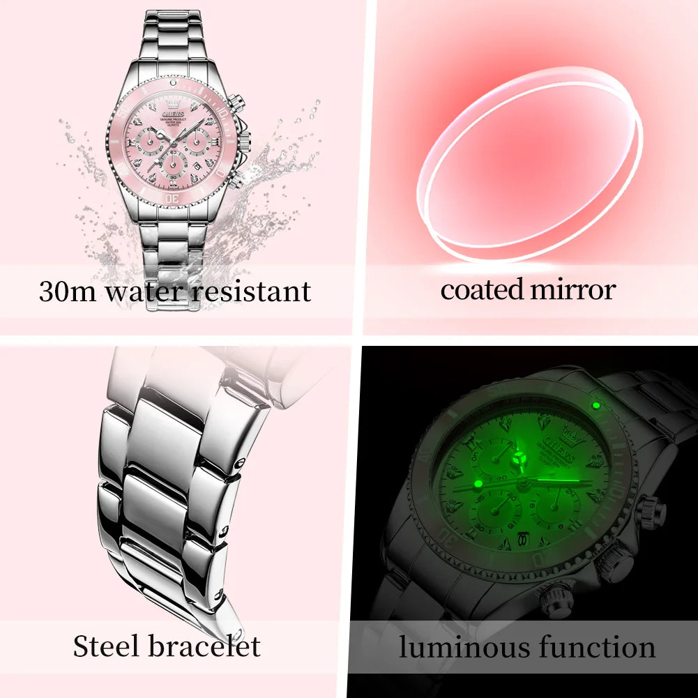 OLEVS Women’s Watch Elegant Luxury Original Quartz Watch Zircon Scale Waterproof Luminous Chronograph Date Ladies Watch 5632