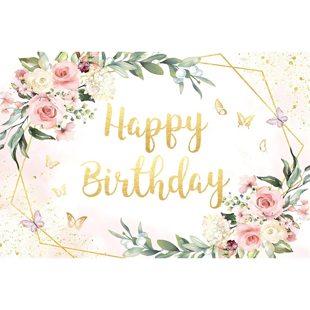 Happy Birthday Backdrop Gold Frame Frame Flower Butterfly Baby Shower Adult Anniversary Birthday Party Photography Background