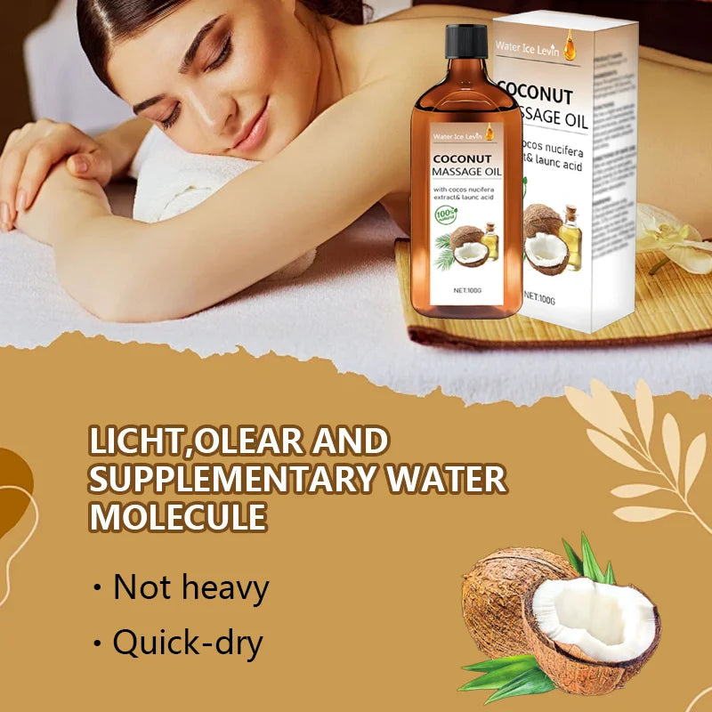 Coconut Massage Oil. Non-Greasy Hydration. Natural Cocos Nucifera Extract. Lauric Acid Moisturizer. Nourishing Fast Absorption.