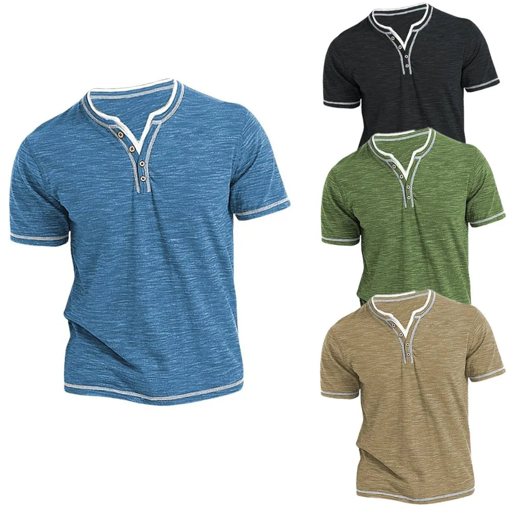 New Arrival Small V-neck Short Sleeve T-shirts Men's Casual Henley Collar Shirt Casual Slim Elastic Tops Tees Bottoming Shirts