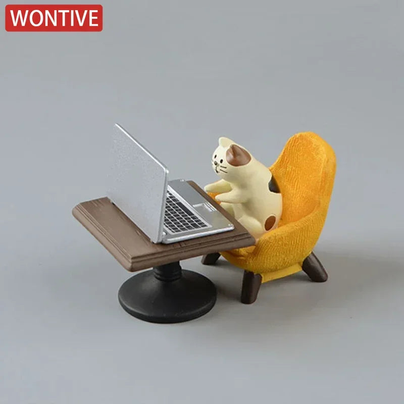 Cartoon Cat Frog Bear Yellow Chair Computer Office Model Mini Action Figures Resin Home Decor Accessories Desktop Figurine Toys