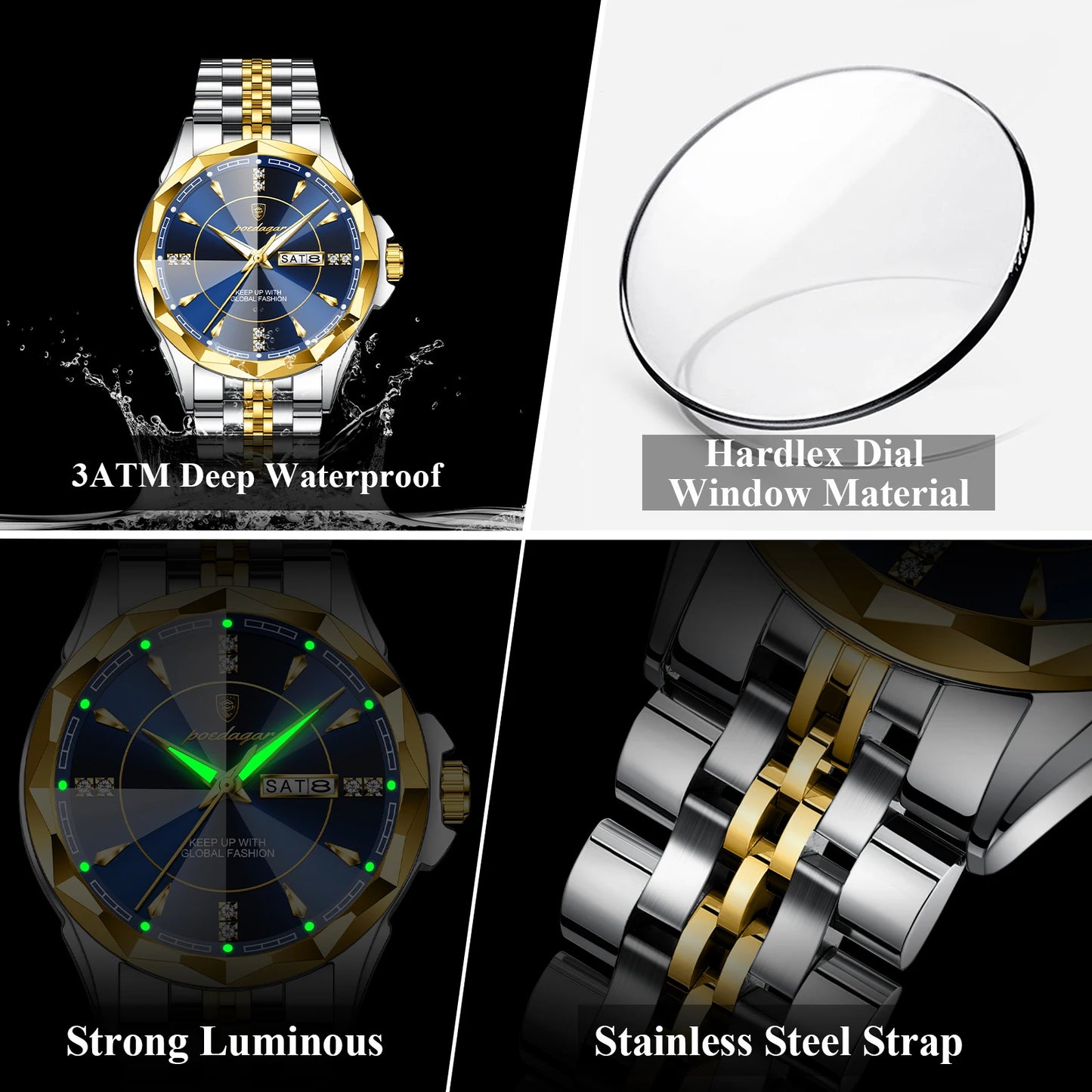 POEDAGAR Top Business Man Wristwatch Waterproof Luminous Luxury Men Clock Date Week Stainless Steel Fashion Men's Quartz Watches