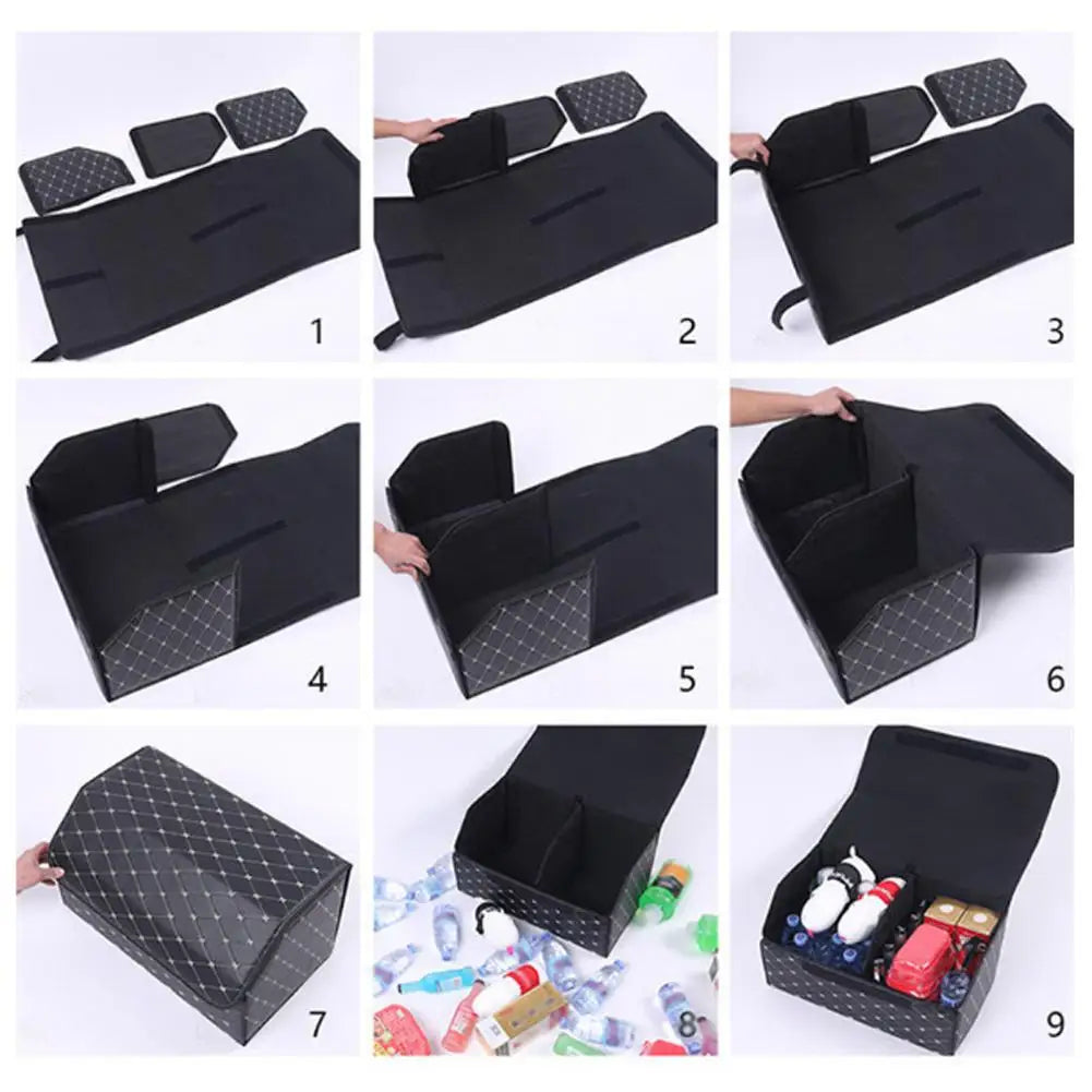 PU Leather Car Trunk Organizer Collapsible Storage Box with Lid Foldable Container Bag Universal Auto Interior Accessories