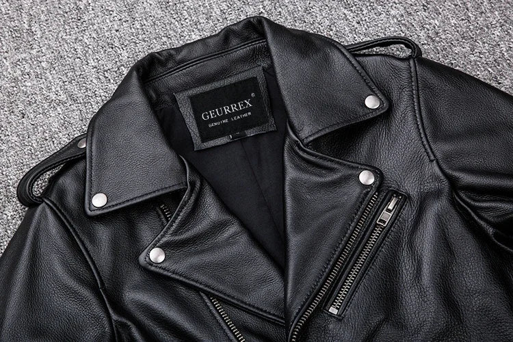 Spring Classical Motorcycle Oblique Zipper Jackets Men Leather Jacket Natural Calf Skin Thick Slim Cowhide Moto Jacket Man