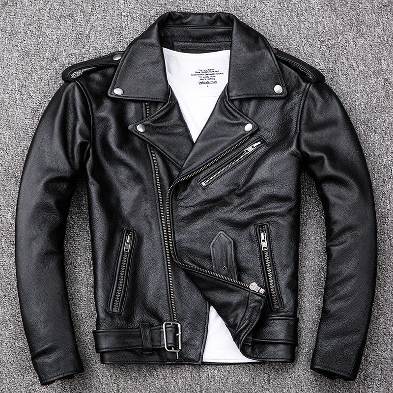 Spring Classical Motorcycle Oblique Zipper Jackets Men Leather Jacket Natural Calf Skin Thick Slim Cowhide Moto Jacket Man