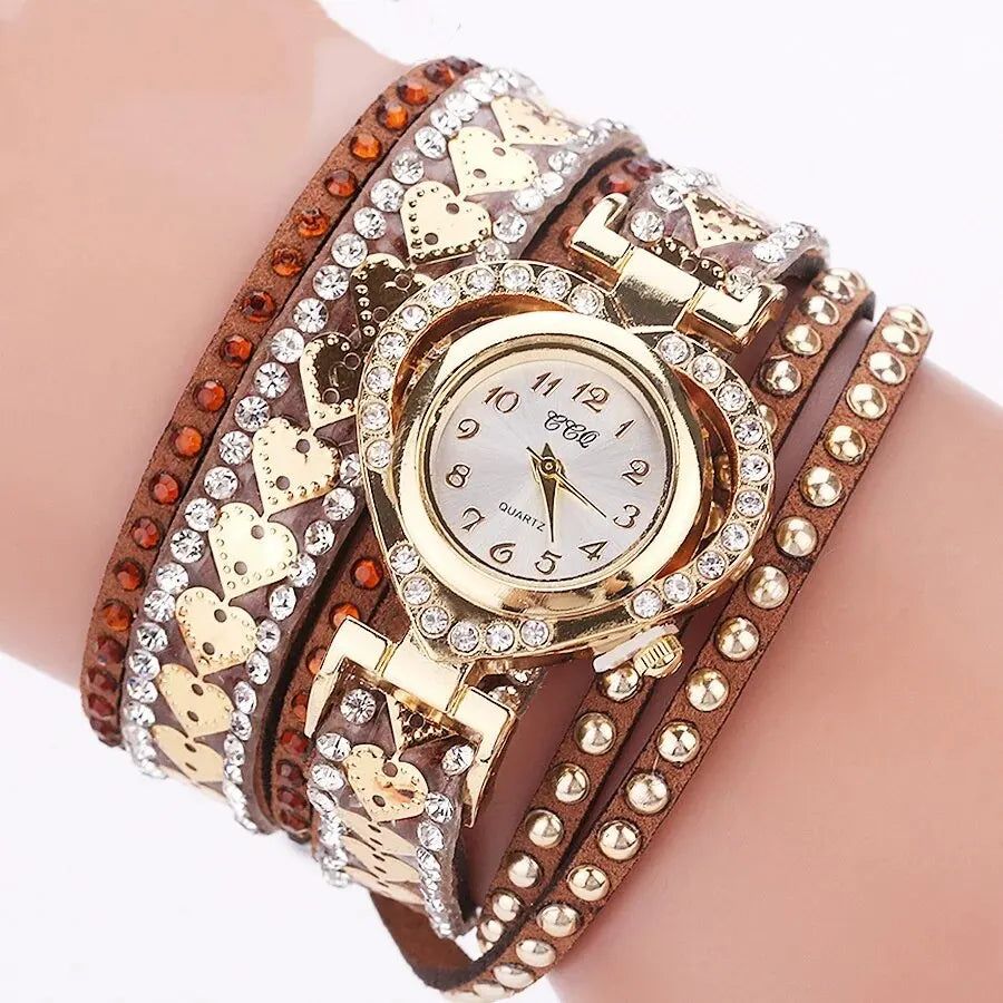 Luxury Women Heart Dial Shiny Design Quality Women Quartz Watch Fashion Rhinestone Bracelet Wrap Strap Women Watch Gifts