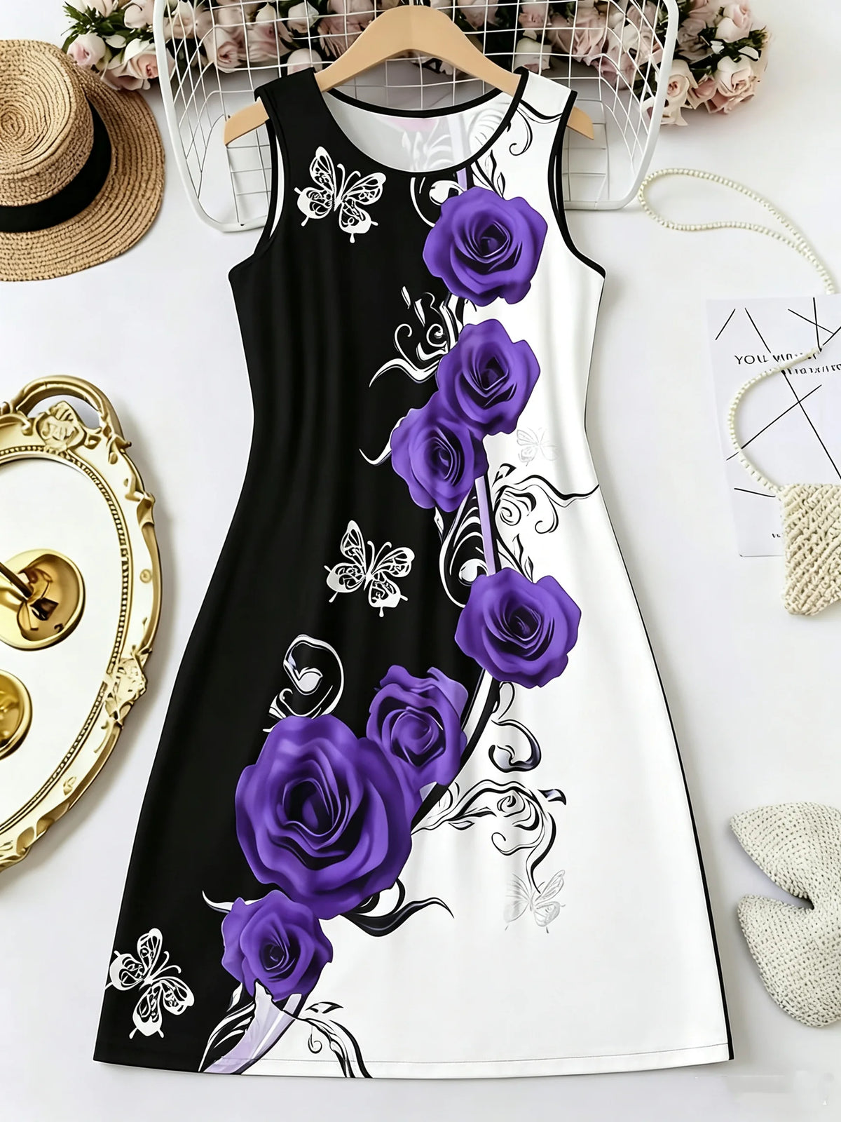 Summer Fashion Round-Neck Women's Dresses Botanical Floral Color-Blocked Patchwork Dresses Travel Party and Beach Dresses