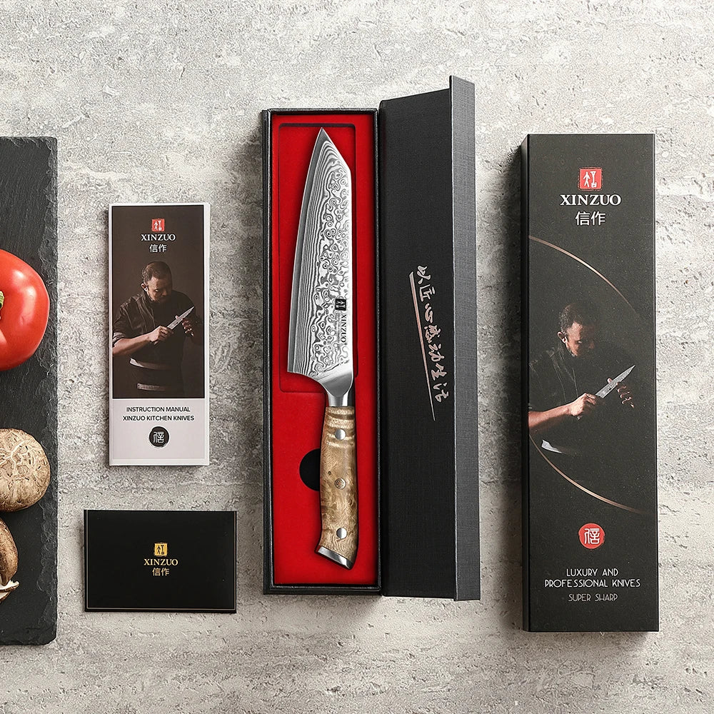 XINZUO Damascus Steel Bunka Chef Knife 5.8-inch 67-Layer Super Steel Figured Sycamore Wood Handle Exquisite Brass Rivet Gift Box