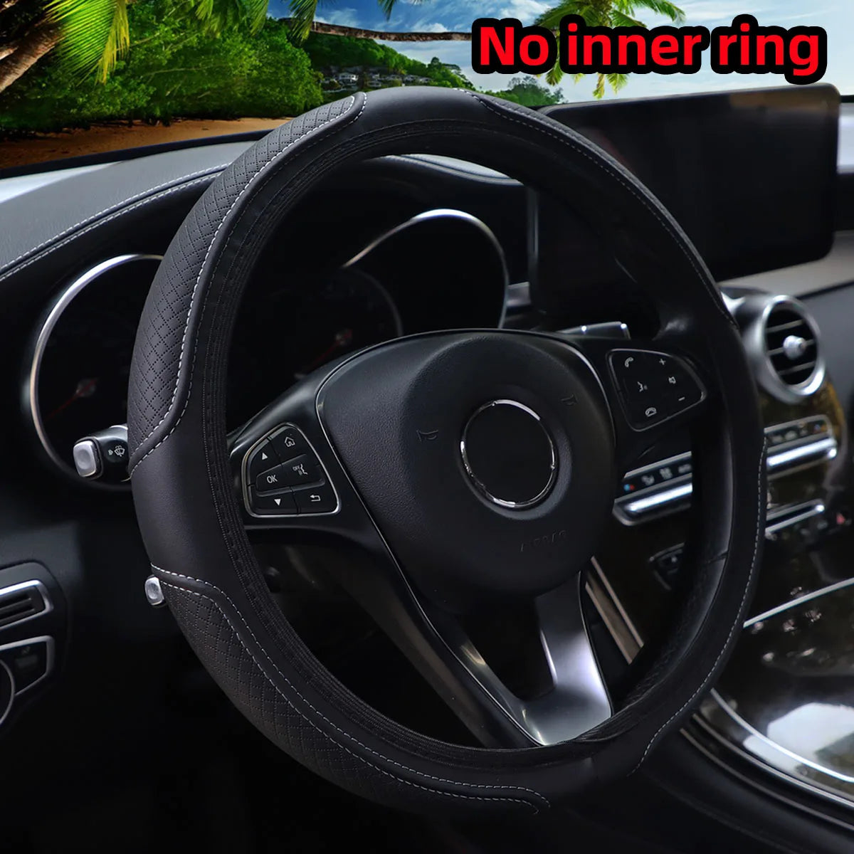 Artificial Leather Three-dimensional Embossed-car without Inner Ring Steering Wheel Cover Auto Parts for 14.5-15 Inches