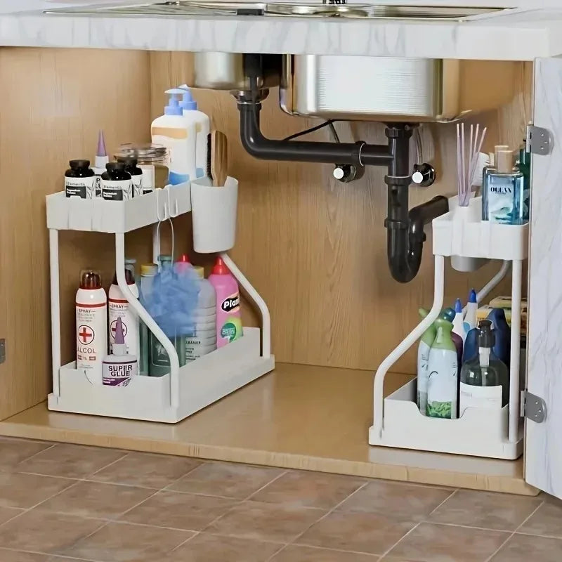 Double-layer pull-out rack, kitchen countertop, push-pull seasoning storage rack, sink rack under cabinet