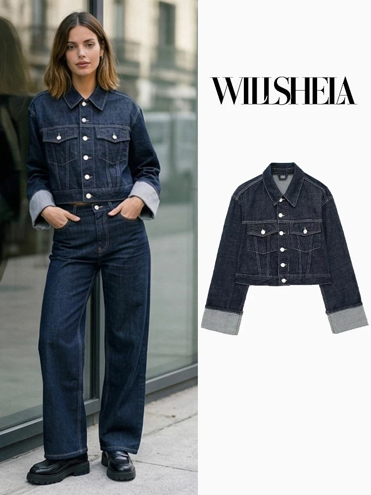Willshela Women Fashion With Pockets Denim Blue Single Breasted Jackets Vintage Lapel Neck Long Sleeves Female Chic Lady Outfits