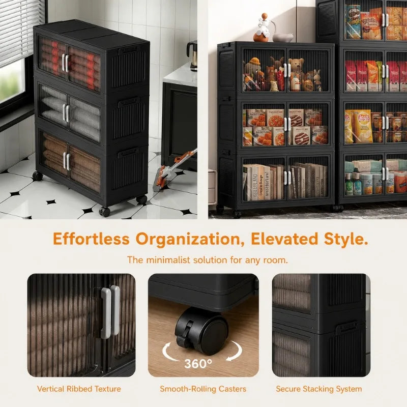 5‑Tier Stackable Plastic Storage Cabinet with Wheels, Foldable Storage Organizer with Transparent Flip‑Door, Multi‑Layer Portable Closet Organizer for Bedroom Living Room Home