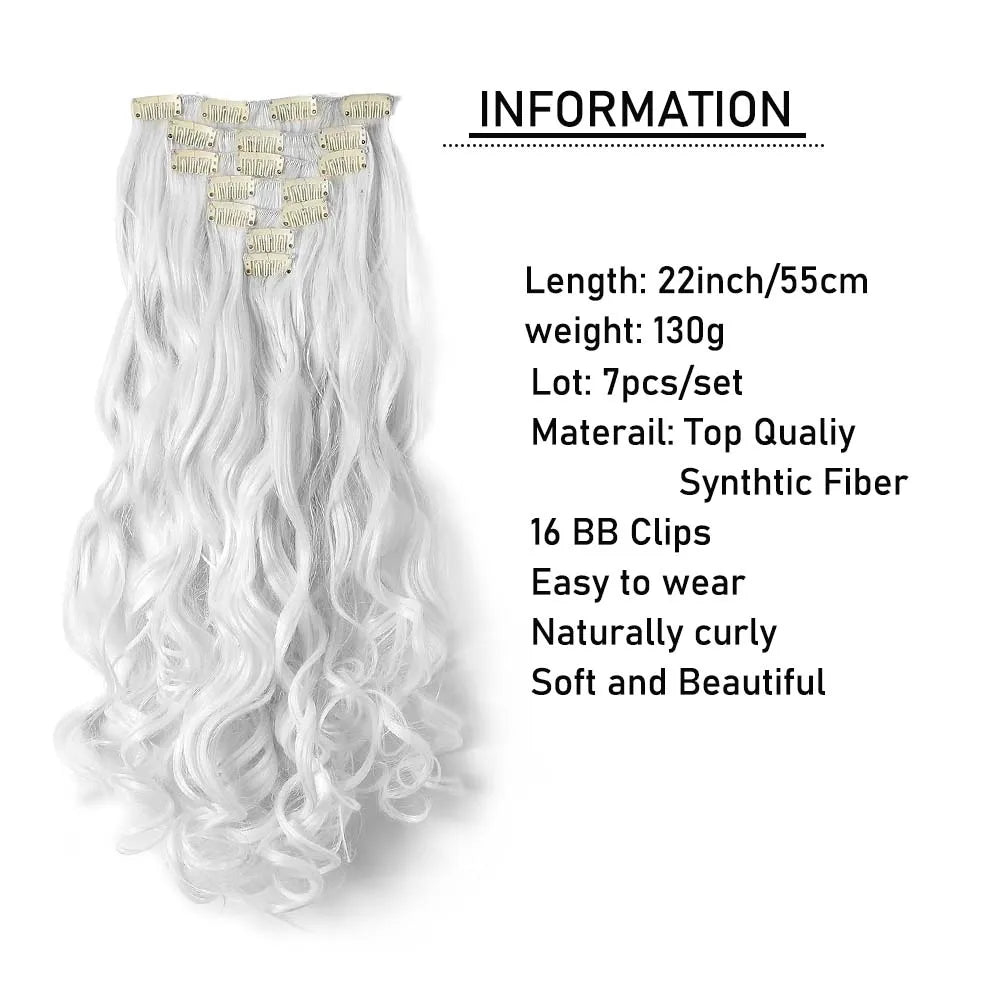 22 Inch Elegant Sexy White Hair 7Pcs/Set 16 Clips Long Curly Wave, Body Wave Synthetic Hair Extensions Clip-in Hair Extensions