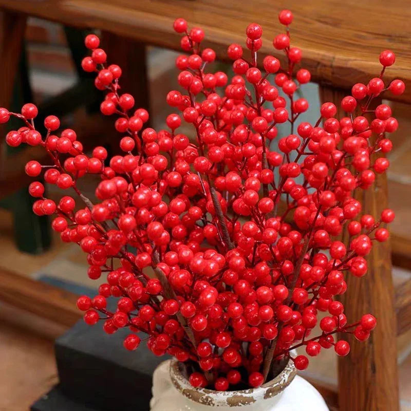 5/100x Artificial Red Berries Branch Fake Flower Holly Berry Simulation Plants Christmas DIY Wreath Xmas Tree Party Decoration