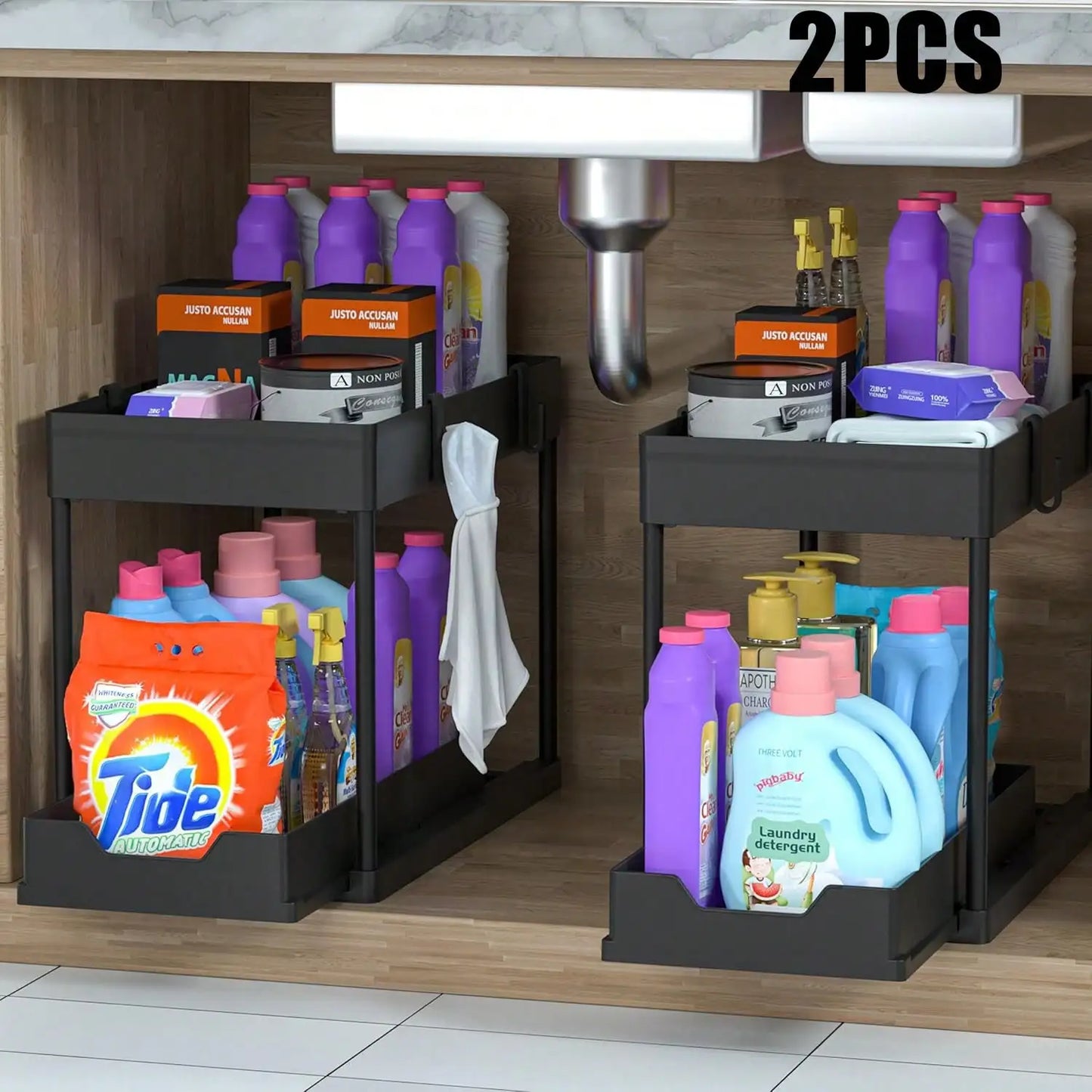 2-Tier Under Sink Organizer with Pull Out Drawer, Slide-Out Cabinet Storage Rack, Stainless Steel Kitchen Shelf with 5 Hooks & 2 Hanging Baskets