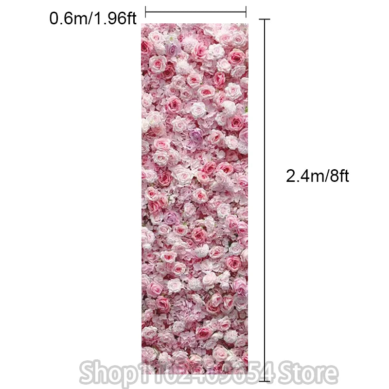 8ft/3.2ft Pink Flower Wall Artificial Silk Rose Backdrop For Wedding Decor Party 5D Floral Wall Roll Up Hanging Event Props