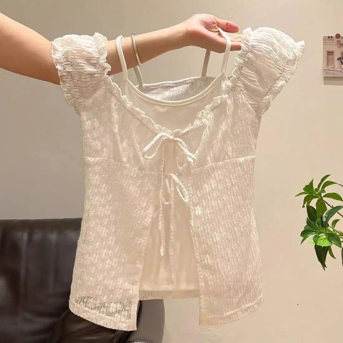 Kawaii Lolita Fake Two Piece Shirts Women Slim Elegant Lace Bow Tees Japanese Harajuku Y2K Sweet Cute Blouse Street Daily Outfit