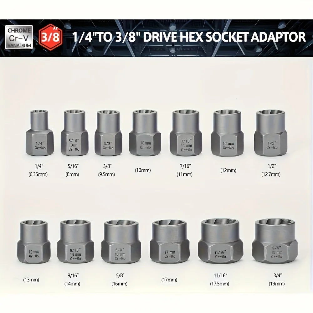 15pc Nut Extractor Set w/ Knockout Bar & 1/4"-3/8" Adapter, Bolt & Nut Remover Kit