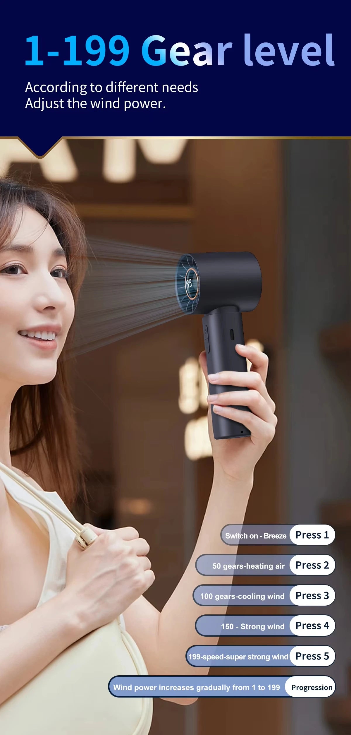 Mini High-speed Handheld Fan Type-c Charging Digital Display Portable Desktop Folding Hanging Camping Violent Turbo Fan