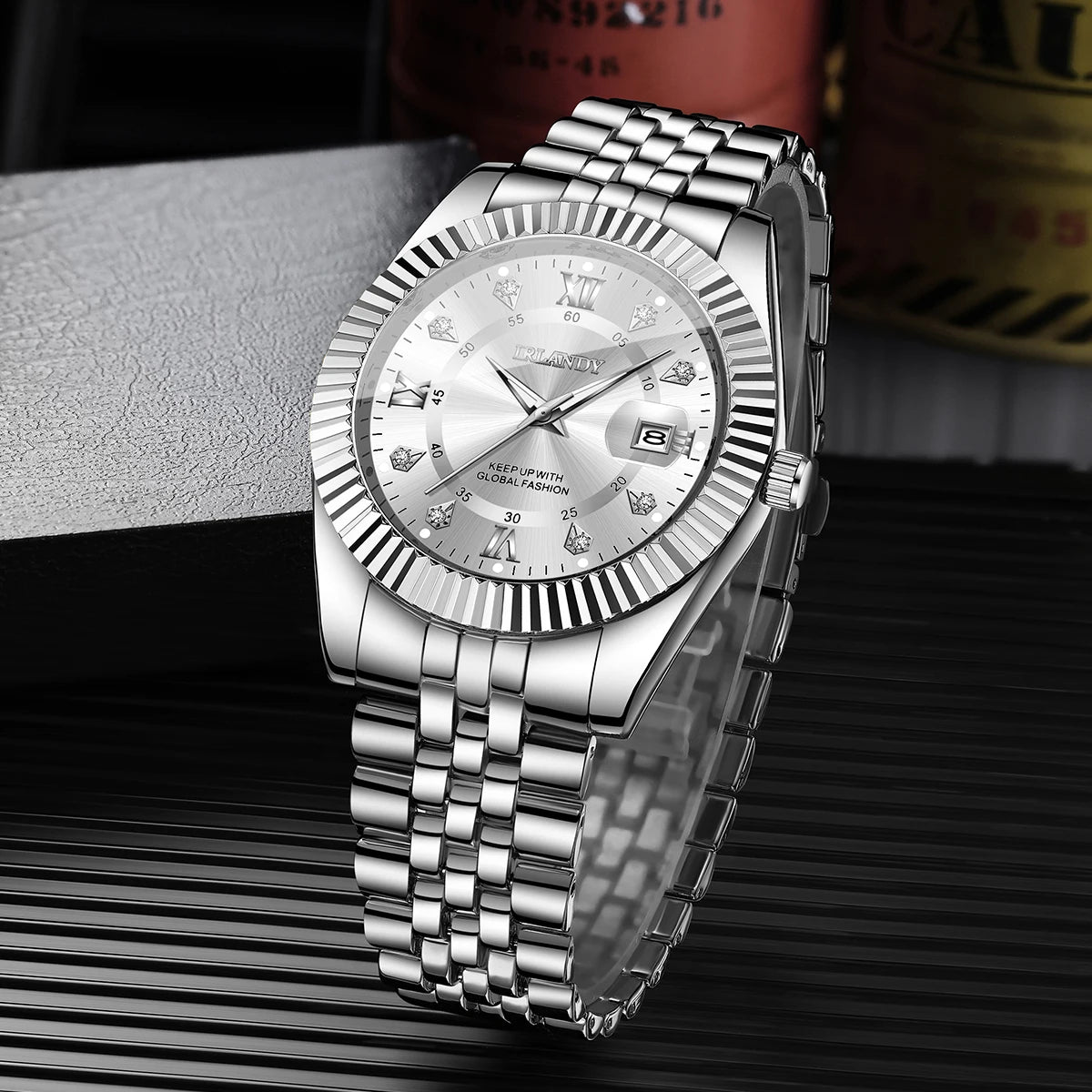 Luxury Rhinestone Men Business Watches Fashion Men's Calendar Quartz Watch with Stainless Steel Strap Reloj Hombre (Without Box)