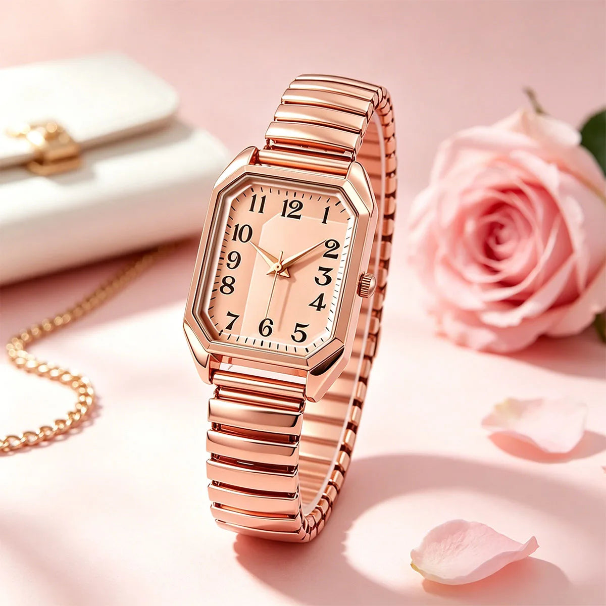 Business Luxury Simple Popular Fashion Elastic Strap Alloy Rectangle Women Ladies Quartz Watches