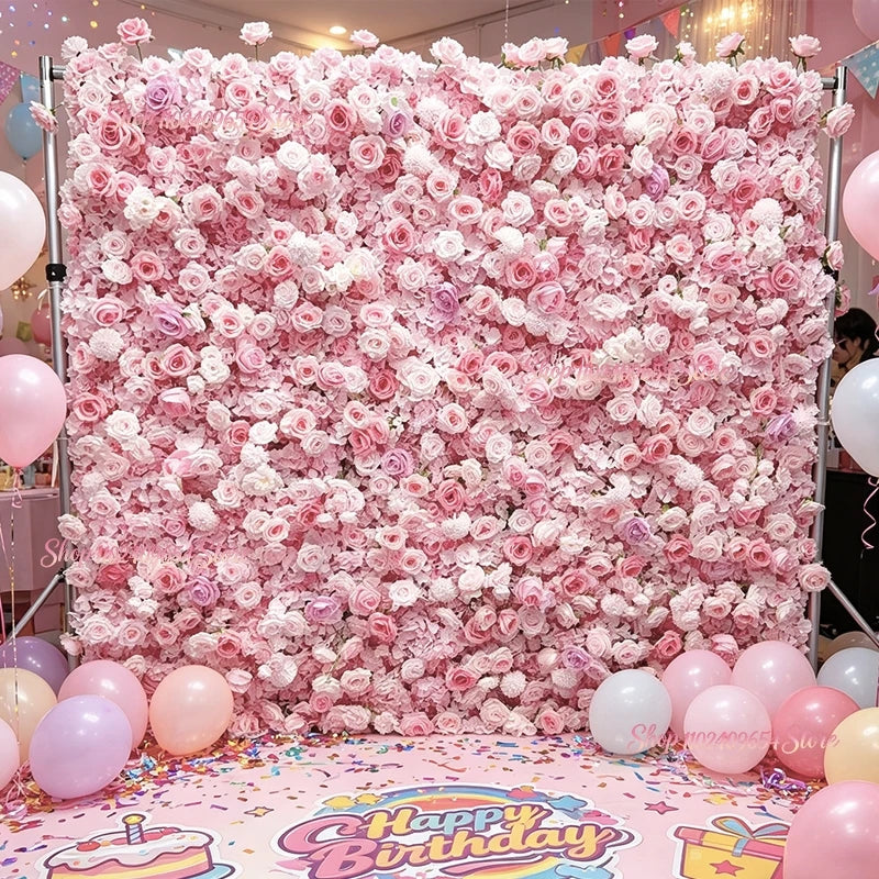 8ft/3.2ft Pink Flower Wall Artificial Silk Rose Backdrop For Wedding Decor Party 5D Floral Wall Roll Up Hanging Event Props