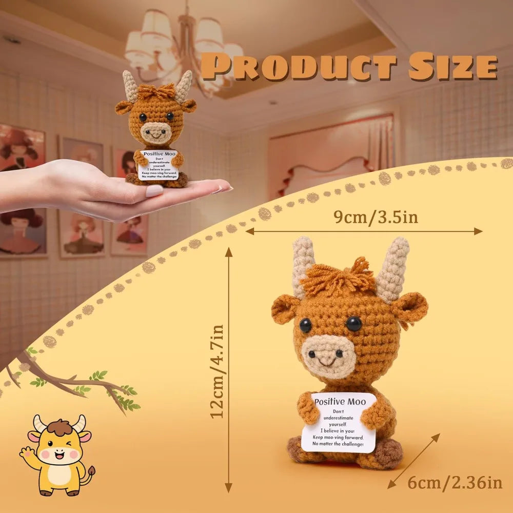 1 Pc Mini Highland Cow, Knitted Crochet Brown Emotional Support Keepsake Gift with Positive Card for Friends Keychain Pendant