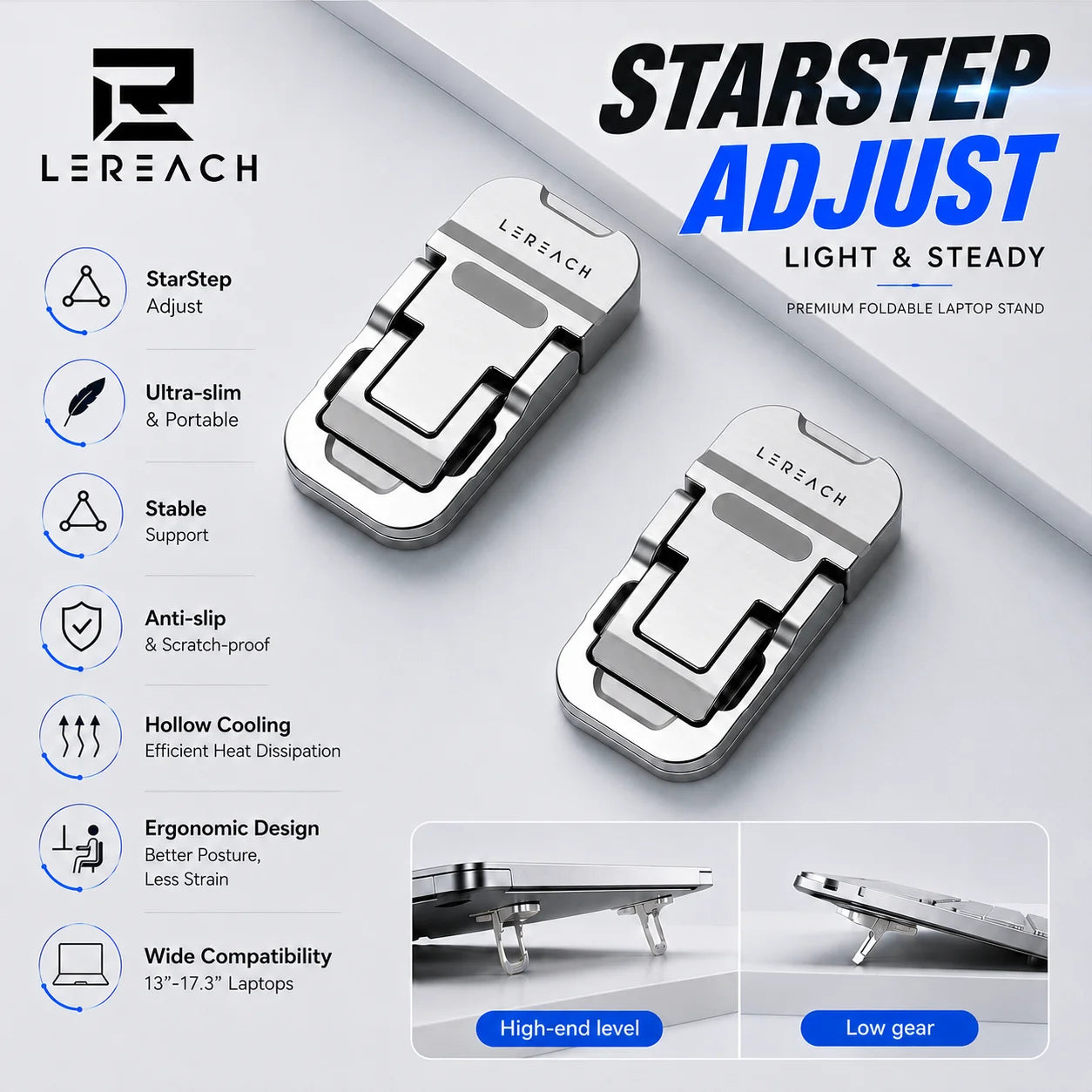 Lereach Mini Aluminum Laptop Stand 2 Adjustable Height Portable Foldable Notebook Riser Ergonomic Cooling Support