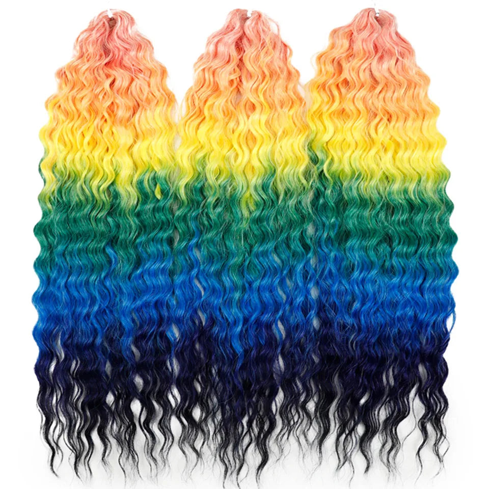 LOVE ME 22 Inch 300g/3pcs Ariel Curl Hair Water Wave Twist Crochet Hair Synthetic Ombre Rainbow Color Braiding Hair Extensions