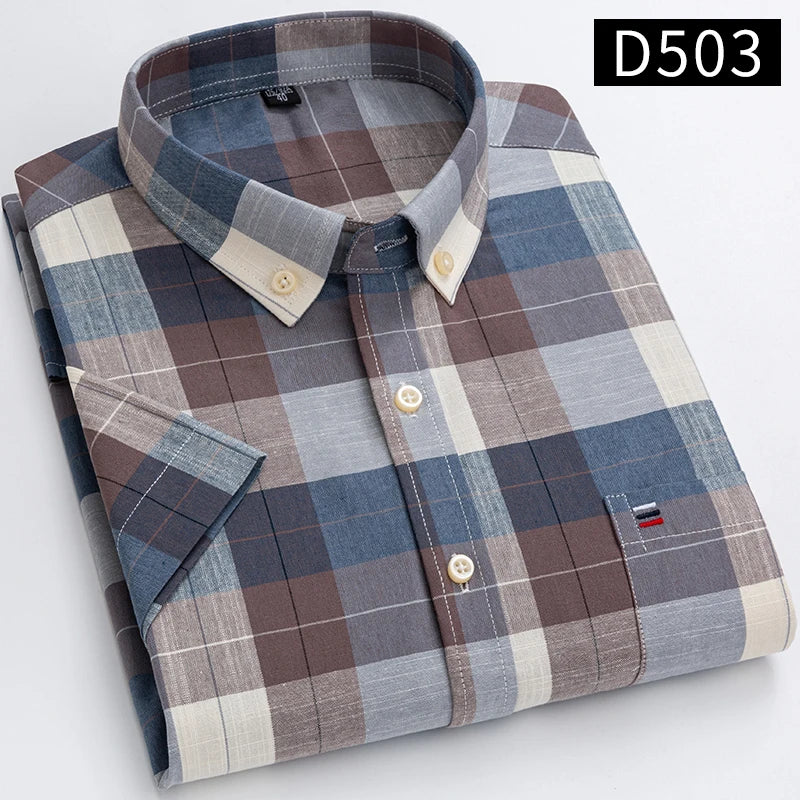 Plus Size 7XL Summer Short Sleeve Shirt 100%Cotton Shirts for Men White Plaid Striped Social Slim Fit Formal Business Clothing