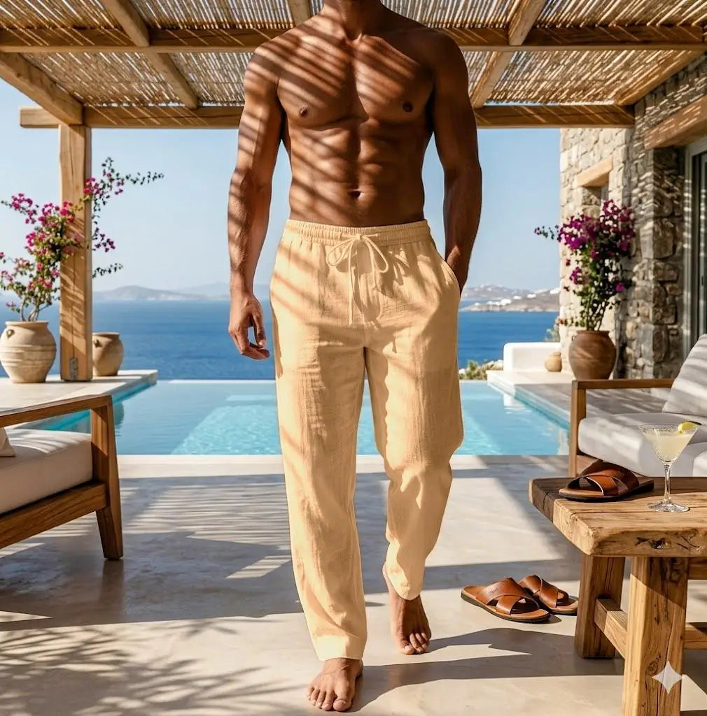 Summer Men Pure Cotton Linen Pants Lightweight Breathable Loose Drawstring Solid Color Beach Casual Long Trousers M-4XL