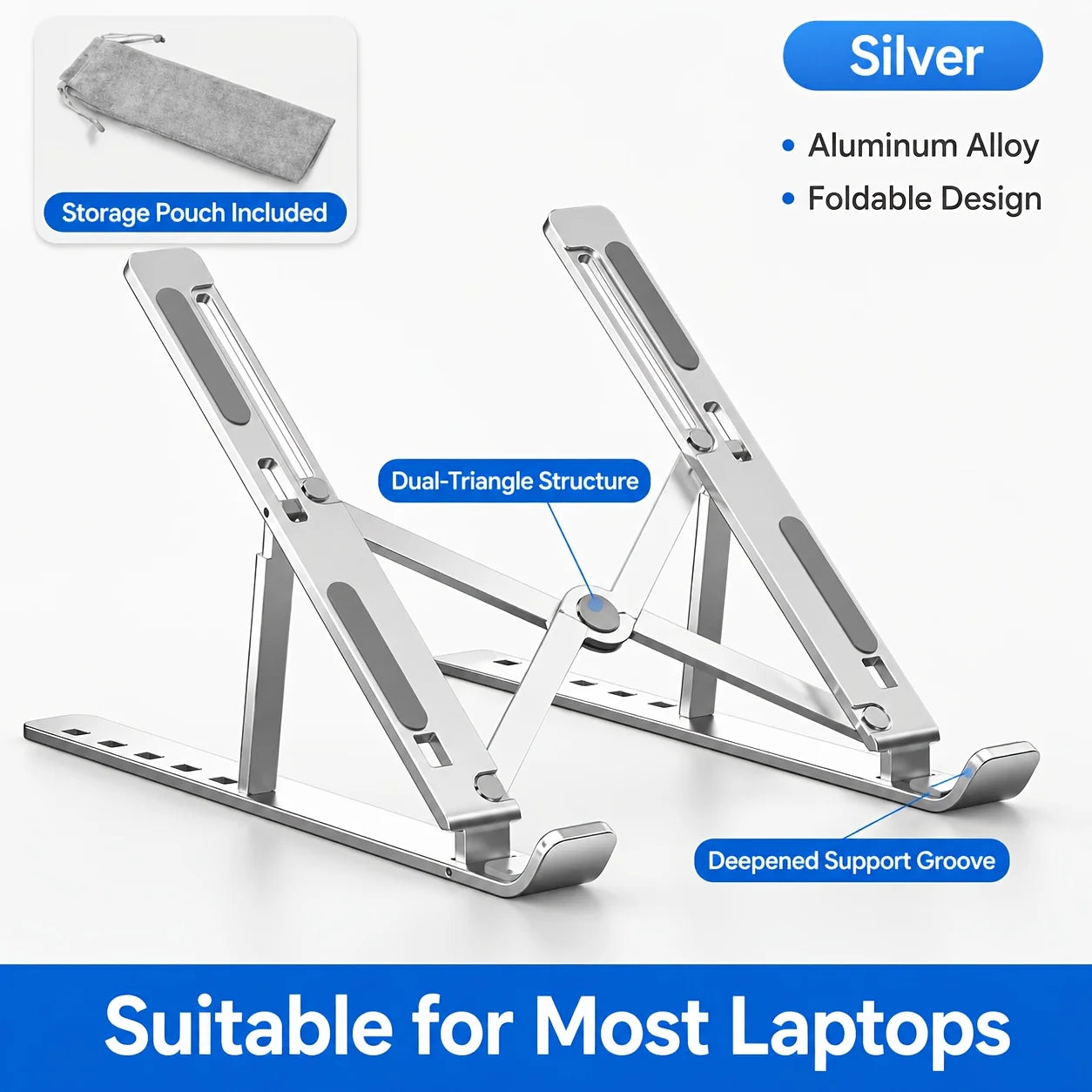 Foldable Aluminum Laptop Stand, 7 Adjustable Angles, Silicone Pads, Carrying Bag, Portable Desk Holder for Most Notebooks