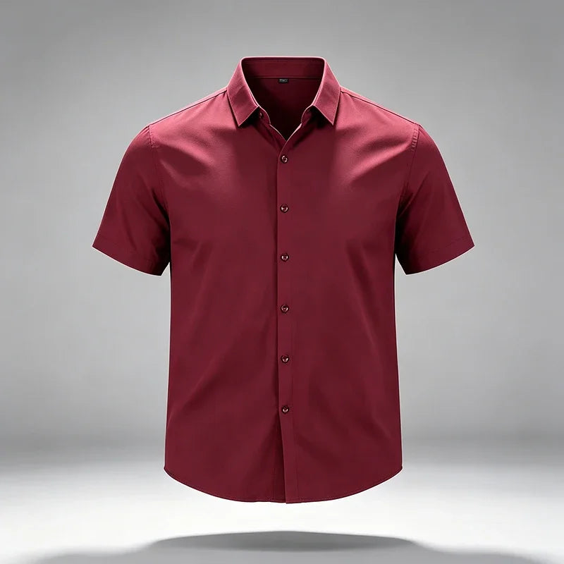 Mens Wrinkle Free Non Iron Silky Stretch Short Sleeve Dress Shirts Standard Point Collar Full Button Summer Office Formal Tops