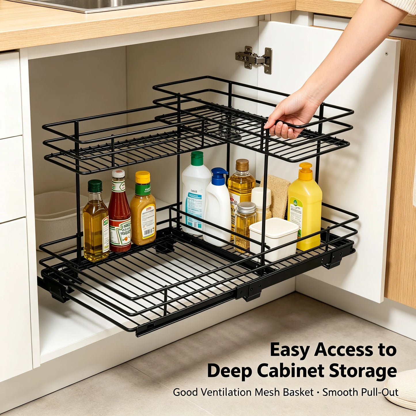Under Sink Organizer 2-Tier Pull Out Cabinet Storage Rack, L-Shaped Slide Out Basket with Ball-Bearing Rails for Kitchen Bathroom, 22 lbs Capacity, Black