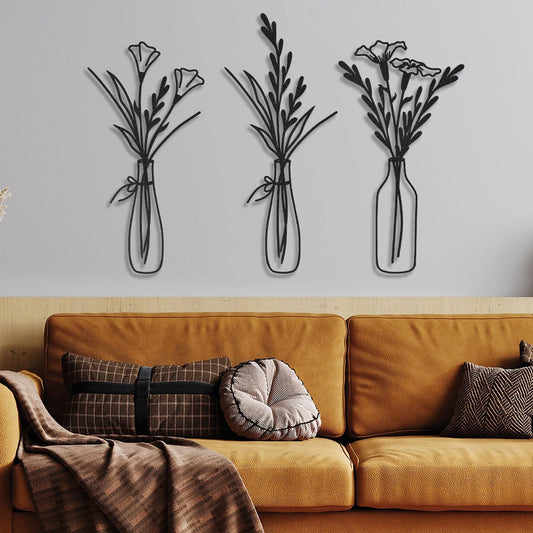 3pcsFlowers in a Vase Metal Wall Decor Home Decor Metal Wall Decor Decorations for Living Room Bedroom Decoration