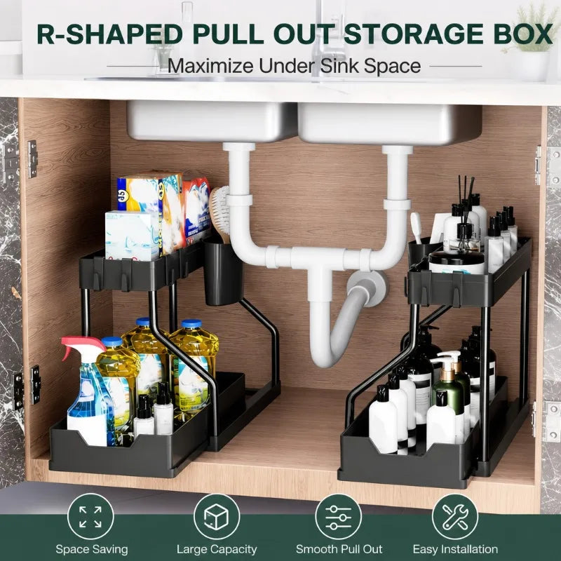 2-Tier Pull Out Under Sink Organizer Space Saving Rack Kitchen Bathroom Holder For Cleaning Supplies Toiletries Sundries