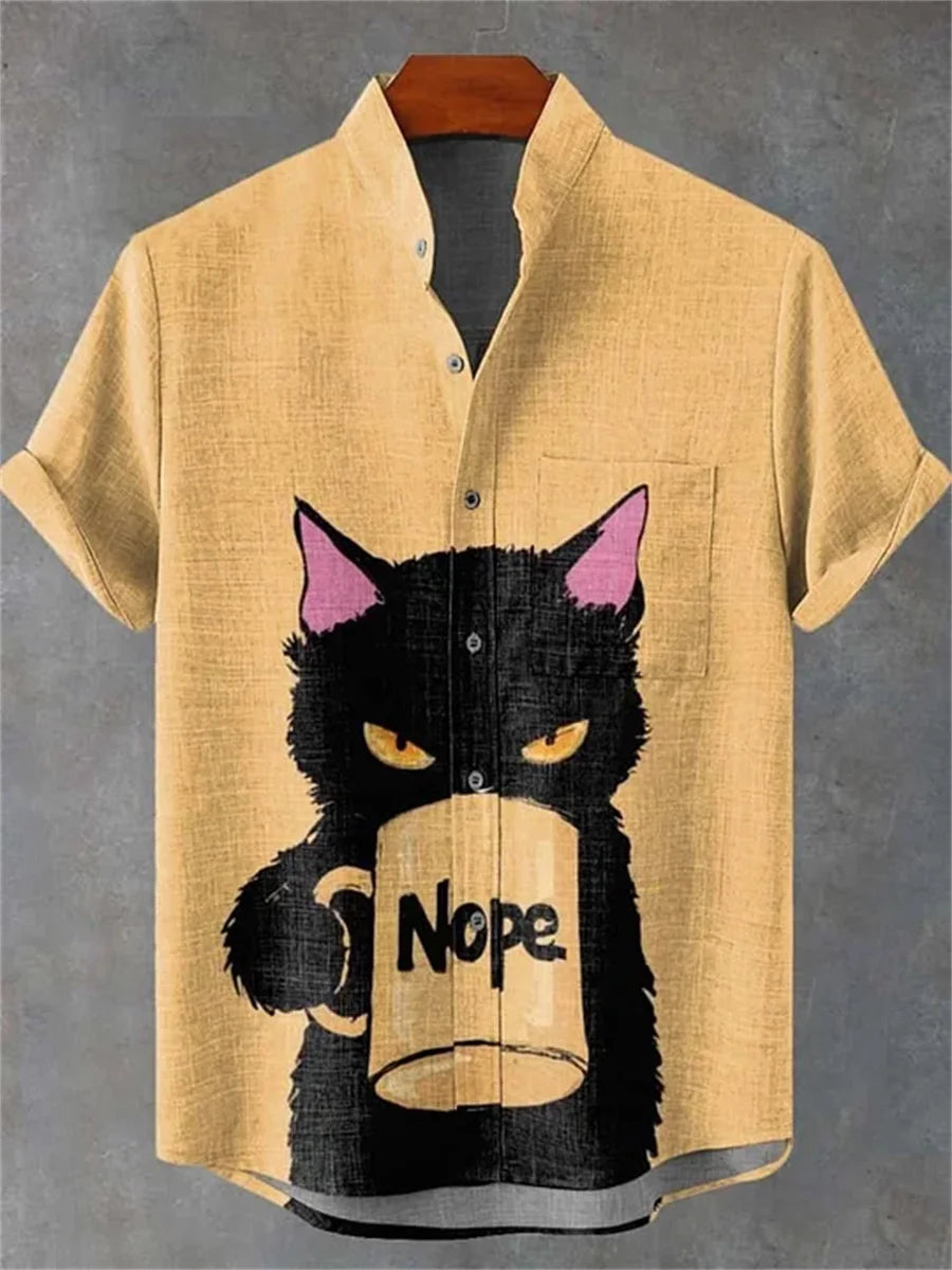 Men's short-sleeved shirt with a fun cat print, stand-up collar, single-breasted casual style. Hawaiian shirt, men's unique top.