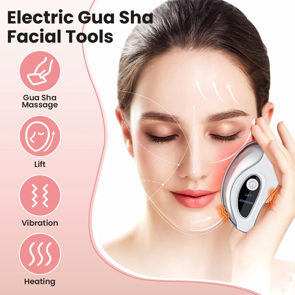 Electric Gua Sha Facial Tool with 45°C Heat & Vibration, 2 Modes Face Massager with LCD Screen, Heated Face Sculpting Tool for Skin Care