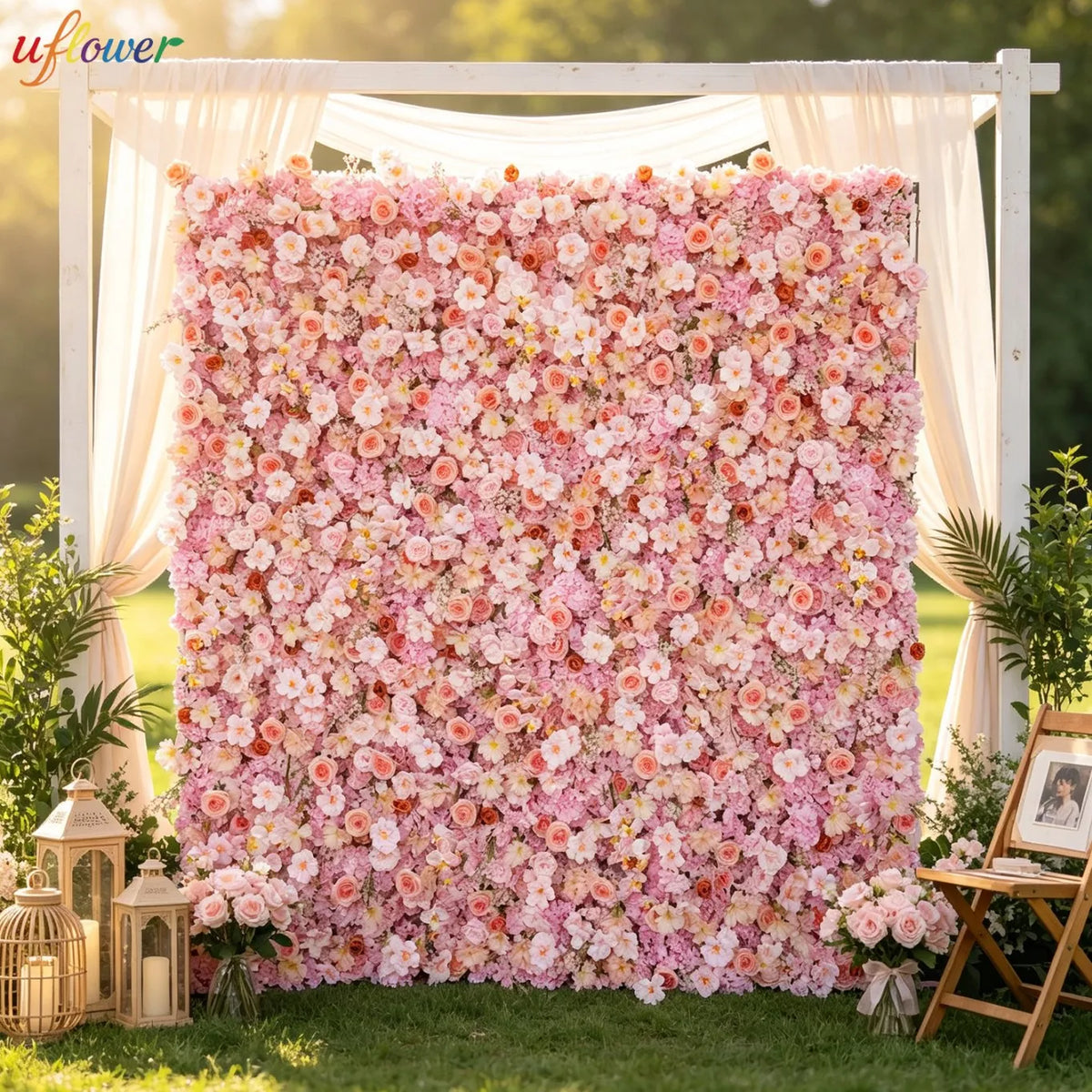 Uflower Pink Peony Rose Cloth Artificial Flower Wall Wedding Backdrop Decor Curtain Hanging Fabric Floral Wall Event Party Props