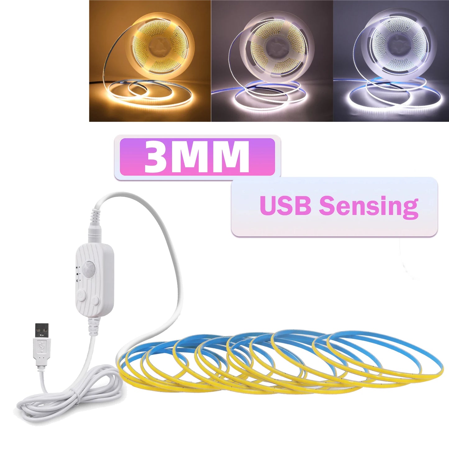 3MM 5MM 8MM COB LED Strip 5V 320LEDs/m PIR Motion Sensor Flexible Tape USB/Battery Powered Under Cabinet Kitchen Lighting Strip