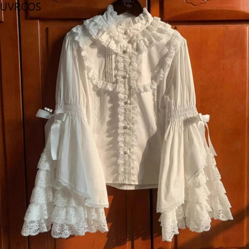 Japanese Gothic Lolita Flare Sleeve Shirts Women Y2k Aesthetic Lace Ruffle Patchwork Blouse Elegant Lady Chic Loose Tops New