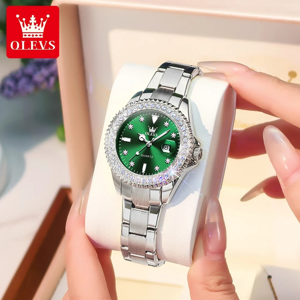 OLEVS Elegant Original Quartz Women's Watch Luxury Diamond Dial Fashion Steel Band Leather Band Waterproof Glow Watch 9945