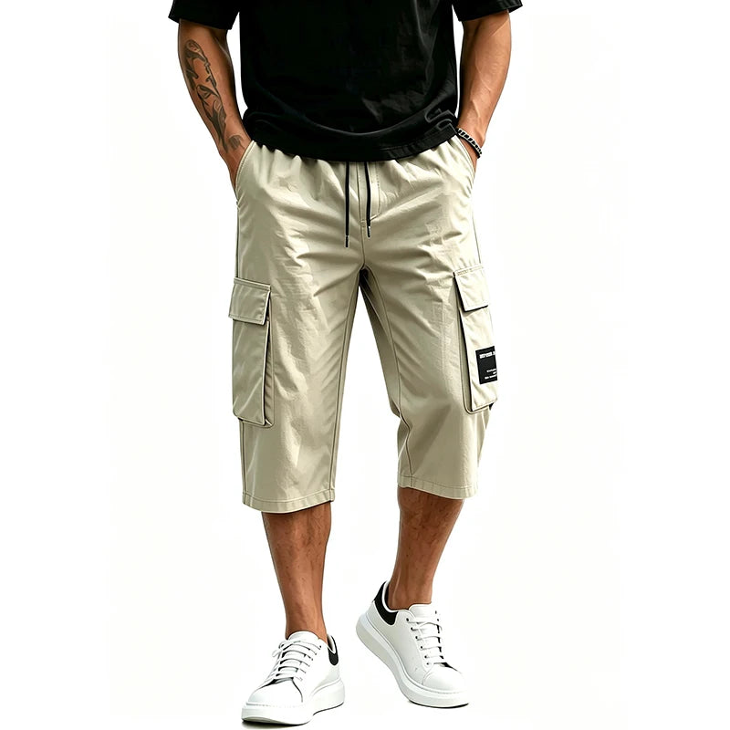 Men 7/8 Length Cargo Capri Pants Drawstring Elastic Waist Large Capacity Flap Side Cargo Pockets Daily Outdoor Casual Trousers