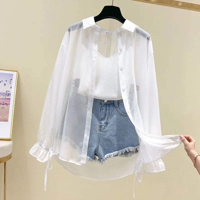 Smvp Chiffon Blouses for Women Summer Thin Loose Button-Up Sunscreen Shirt Woman Korean Fashion Bow Lace-up Long Sleeve Shirts