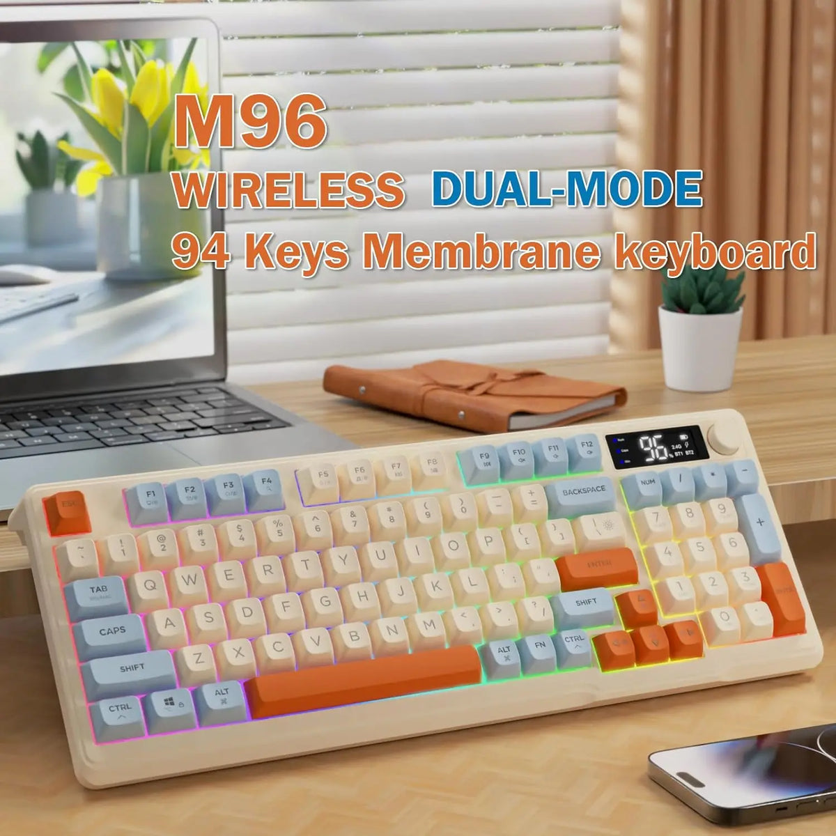ZIYOU LANG Wireless Gaming Keyboard with Display Screen & Knob, Bluetooth/2.4GHz Quiet Membrane Keyboard, 3000mAh Rechargeable