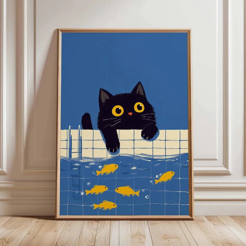 Cute Black Cat Wall Art Print with Goldfish, Whimsical Animal Illustration Poster, Modern Contemporary Poster Home Decoration