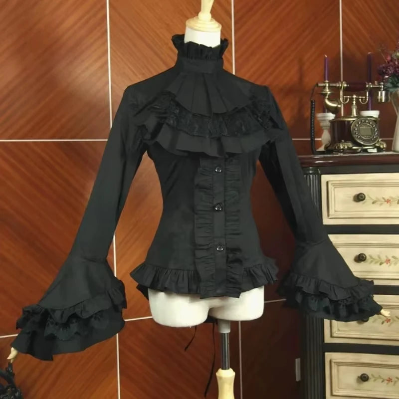 Japanese Gothic Lolita Flare Sleeve Shirts Women Y2k Aesthetic Lace Ruffle Patchwork Blouse Elegant Lady Chic Loose Tops New