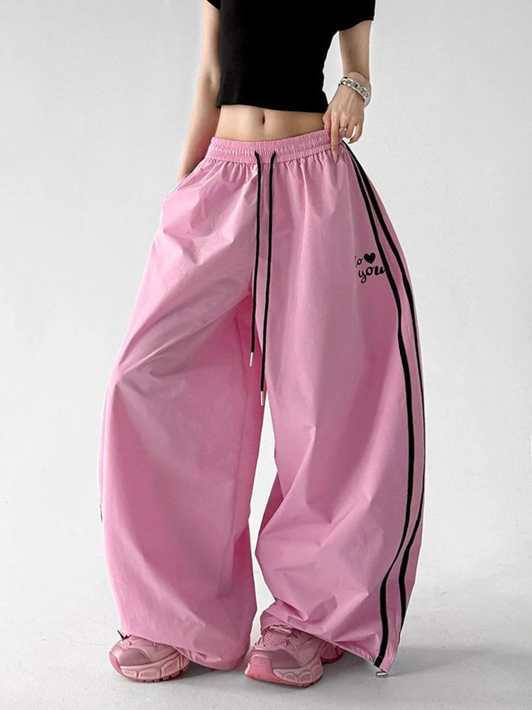 Hip Hop Striped Cargo Pant Women Streetwear Vintage Y2K Parachute Pants Loose Summer American Bf High Waist Letter Trousers New