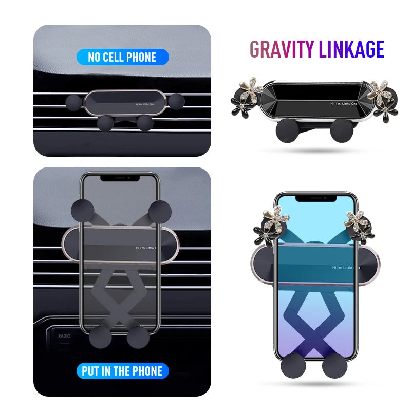 New Crystal Flower Gravity Car Phone Holder Universal Strong Air Vent Clip Mount Adjustable Mobile Cell Stand for Hands-Free