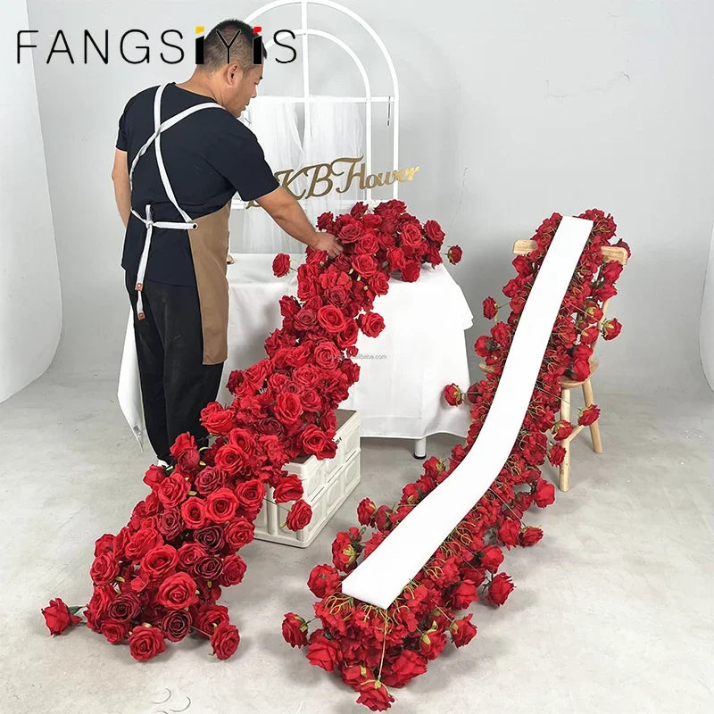 2m red rose Artificial Green Plants Flower Row Runner Wedding Backdrop center Flower ball Decor Floral Wall Party showcase Props